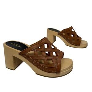 Sweedish HASBEENS Basket Clog Sandals SZ 37 Brown Leather Block Wood Heel KHD350